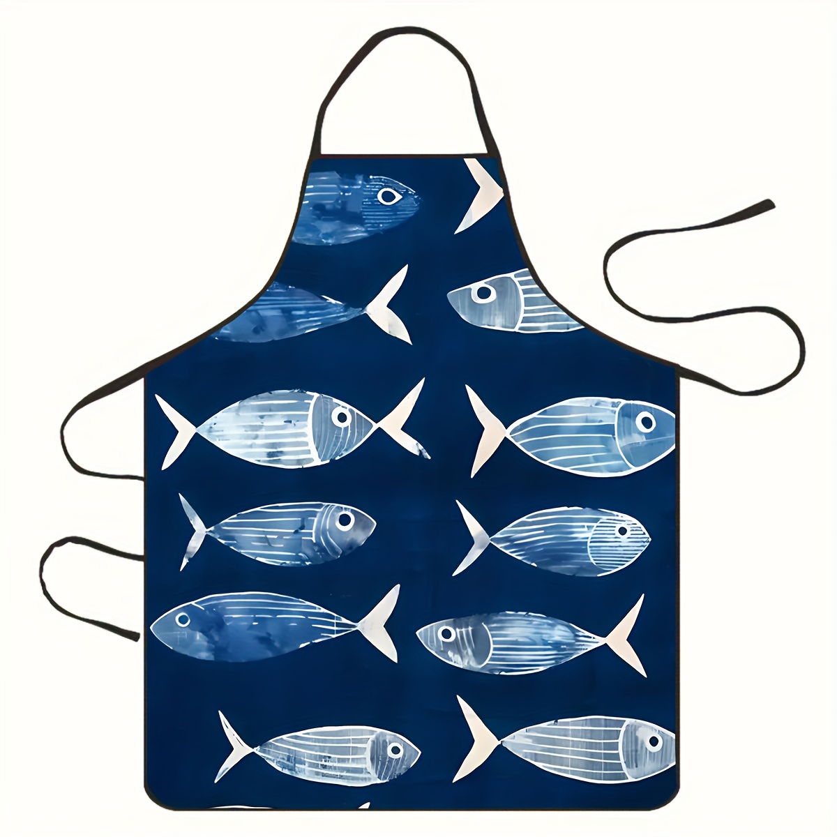 TEMU 1pc Blue Fish Patterned Apron With Dark And Light Blue Fish Pattern, Fresh And Style, Suitable For Cooking, Beach Grilling, And Other Settings