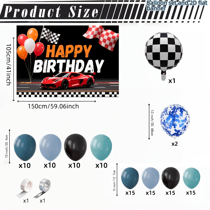 Image of A Set Of 106 Balloons Featuring A Race Car Theme, Including Blue, Black, And White Checkered Designs, Along With A 'happy Birthday' Banner, Perfect For Decorating Birthday Parties