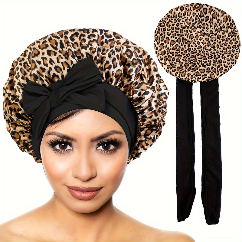 

Leopard Print Satin Sleep Cap With Bow - Adjustable Hair Care Bonnet For Curly Hair, Polyester Knit, Fragrance-free, Design