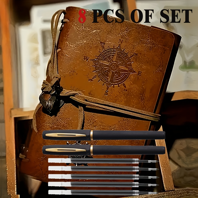 E-shop 8-teiliges Vintage-Leder-Notizbuch-Set mit Oberfläche – Piraten-Kompass-Design, Hardcover-Schreibjournal mit Metallverschluss Spiralbindung,