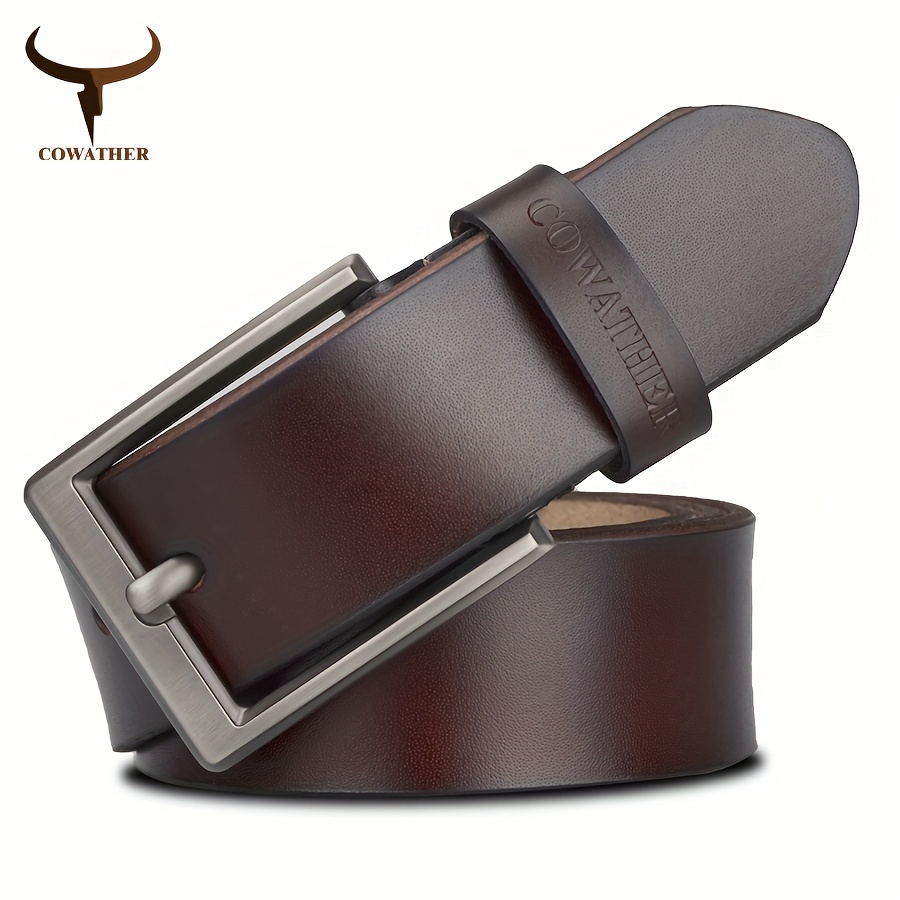 COWATHER Men's Retro Button Buckle Cowhide Belt