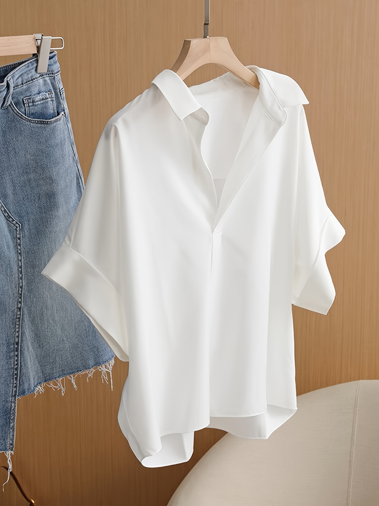 womens elegant   batwing shirt loose fit blouse v neck short sleeve womens   for office party everyday sophisticated womens clothing party attire semitransparent material