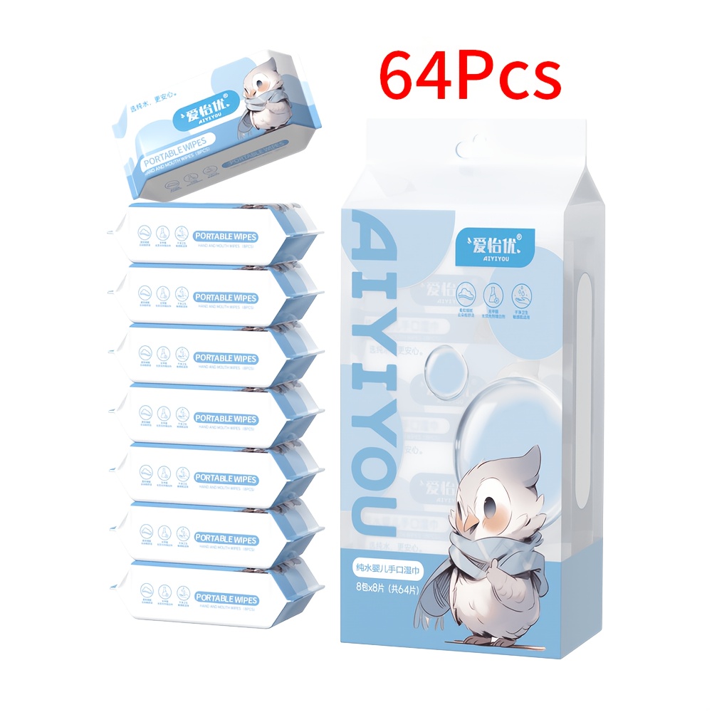 Image of 64-count Portable Mini Wet Wipes, Alcohol-free, Unisex Disposable Facial Towelettes, Travel-size For , , Christmas Stocking Gift, Cute Animal