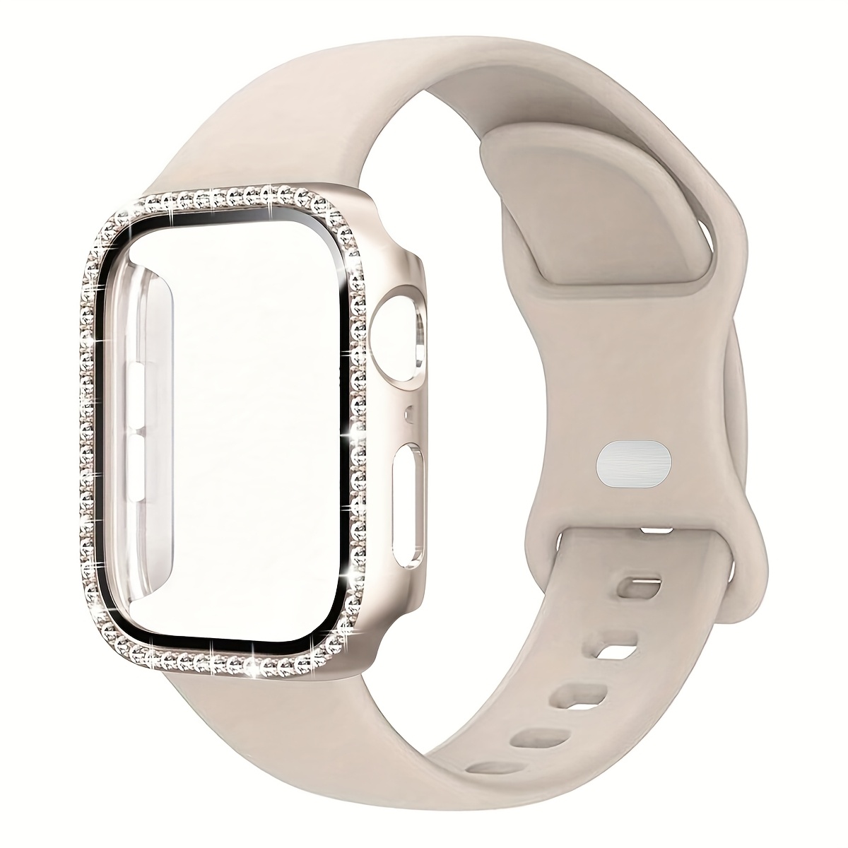 Image of For Large -character Watch Strap And Single Row Of Diamonds Tempered Case 2pcs Set Unisex Comfortable Adjustable Silicone Sports Strap And Rhinestone Decoration Anti-drop -one Screen