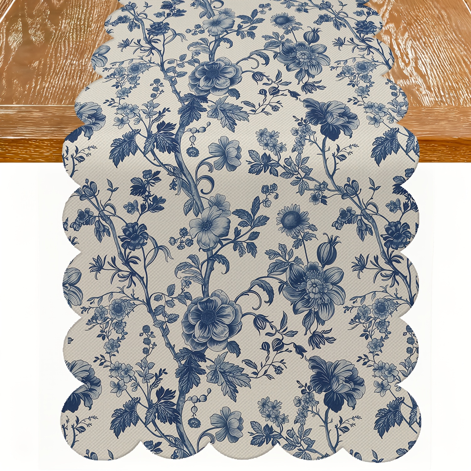 TEMU 1pc Chinoiserie Blue Floral Table Runner, Vintage Botanical Rustic Farmhouse Decor For Kitchen Dining Indoor Outdoor Party