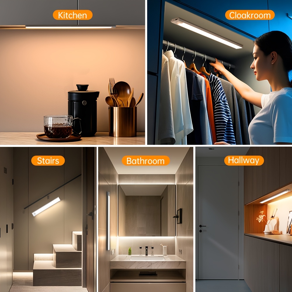 1pc rechargeable led motion sensor cabinet lights usb charge battery lights increase battery capacity magnet lights with push button switch for hallway kitchen staircase 3 colors home night light Product details 9