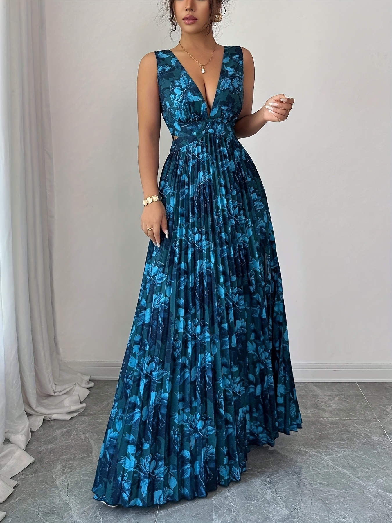 womens fashion sleeveless waist cutout v neck slit pleated - Temu Mauritius