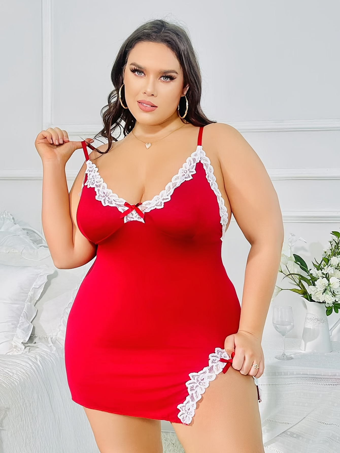 Elegant Women's V-Neck Lace Trim Camisole Nightgown - High Elasticity Fabric, Solid Color, Side Slit, All-Season Comfort