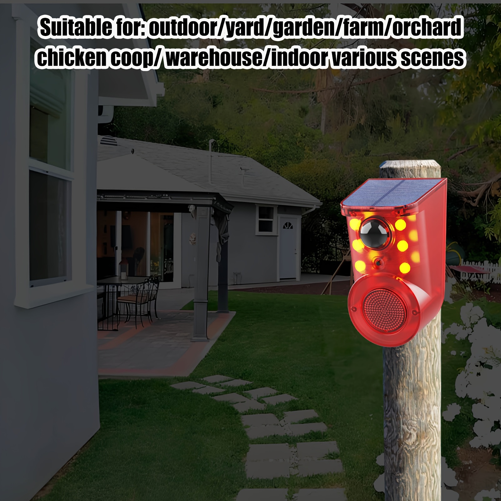 Dispositivo de Alarma con Sensor de Movimiento Solar - Multi-Modo, Detección de Gran Angular, Generador de Ruido, Detecta Movimiento, Disuade Intrusos. Excelente. Alarma de 129Db y Luces Estroboscópicas para Seguridad Interior y Exterior