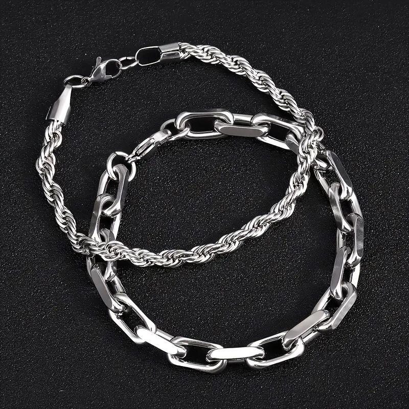 TEMU Set van 2 modieuze dubbellaagse roestvrijstalen gestreepte ketting + geblokte ketting stapelbare armbanden voor heren, Europese en Amerikaanse