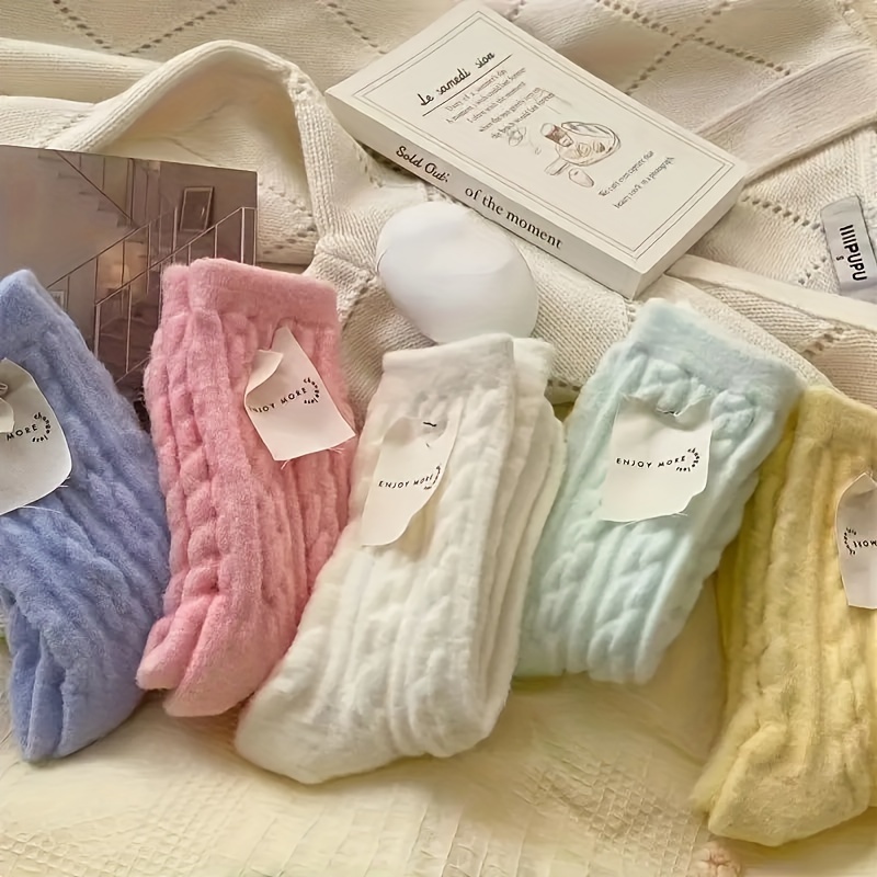 TEMU Women's Cozy Fuzzy Socks 5 Pairs - Warm Plush Mid- Length Twisted Pattern Knit Socks, 95% Polyester 5% , - Comfortable And Socks