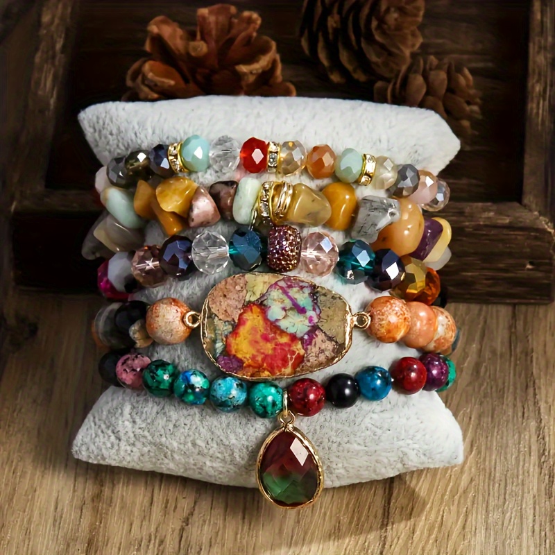 5pcs Natural Stone Beads Pendant Beaded Bracelet Set - Vintage Boho Style Stackable Hand-stringed Jewelry With Colorful And Green Accents - Perfect For Bohemian , Christmas And Thanksgiving Gifts