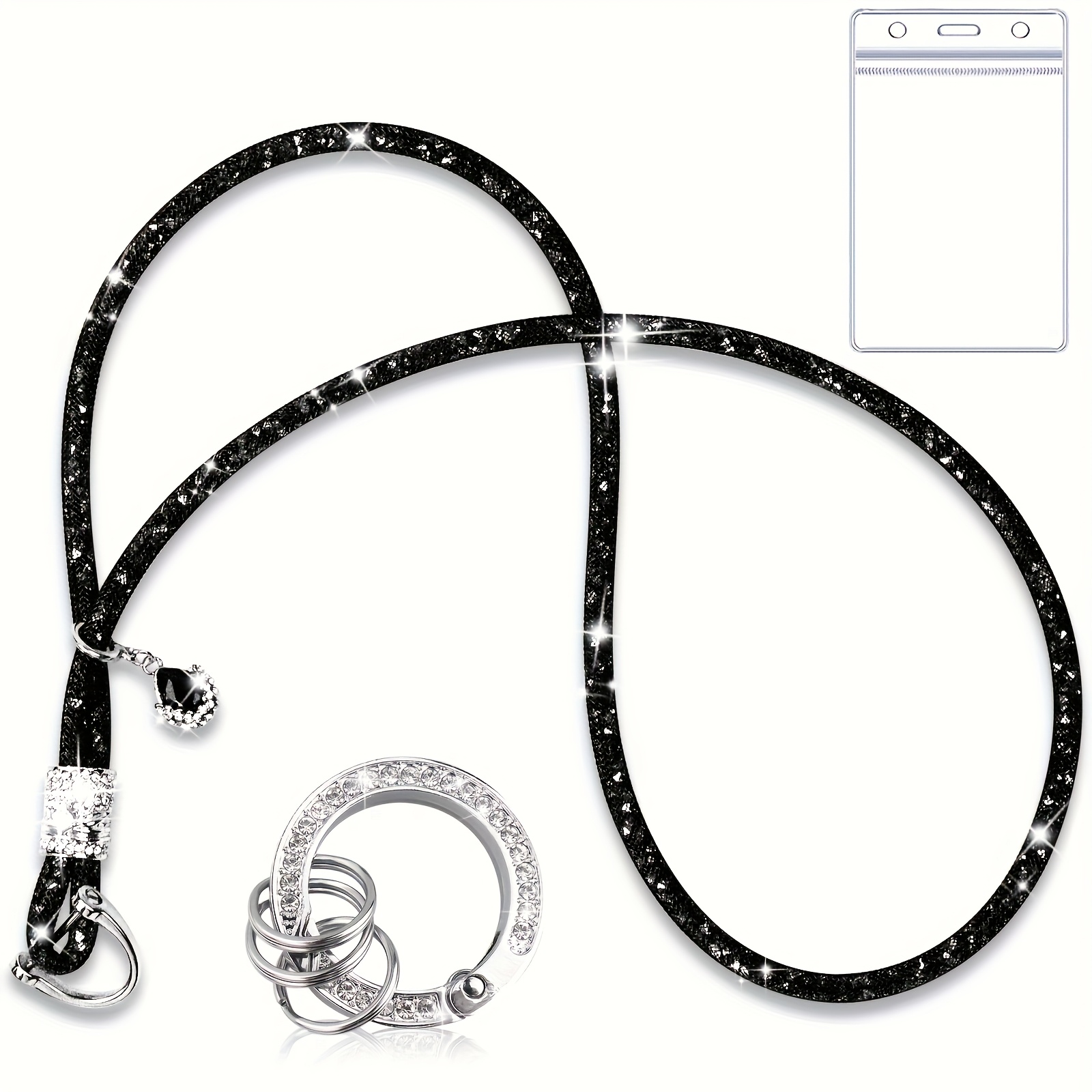 Yiflin 1pc Cute Bling Neck Lanyard With Id Holder, Cool Sparkling Keychain For Women, Crystal Round Metal Clasp, For Teachers, Students, Nurses, Staff