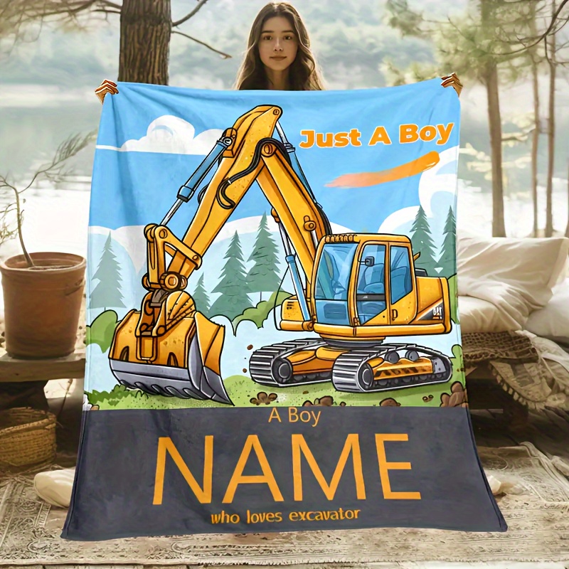 

Custom Name Cartoon Excavator Flannel Blanket - Soft, Warm & Cozy For Couch, Bed, Office, And Outdoor Use - Perfect Gift For Boys