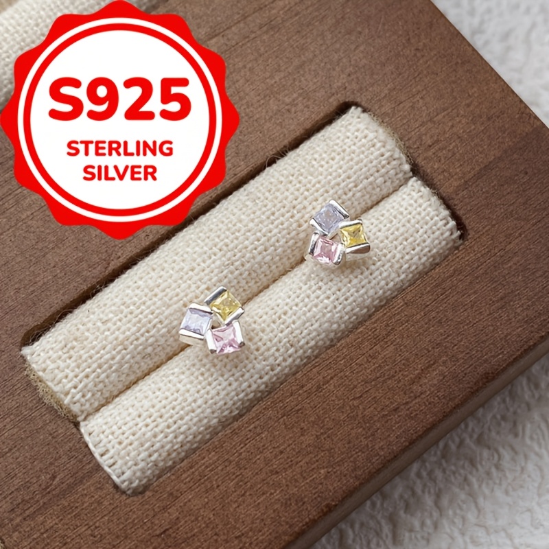 TEMU 925 Silver Cute And Elegant Light Luxury Colored Synthetic Synthetic Zirconia Stud Earrings, Everyday Versatile Simple Geometric Stud Earrings