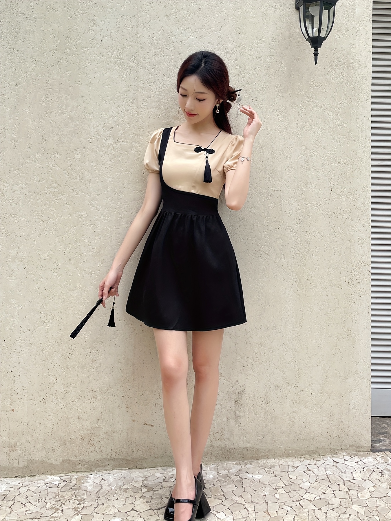 Women's Retro Chinese-Inspired Dress Two-Piece Design with Square Neck  Short Sleeves Flowy Skirt, Black Beige Contrast