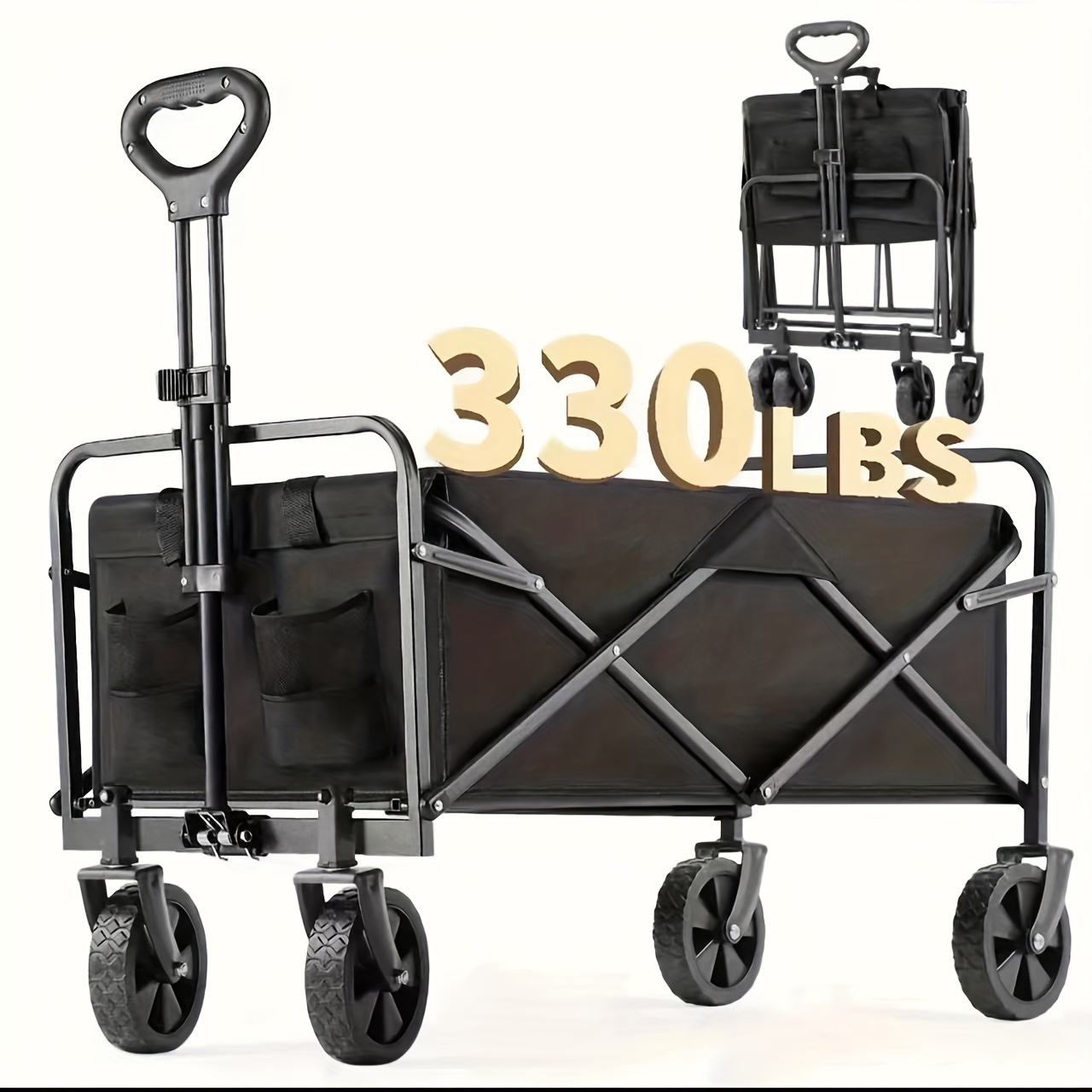 

| Heavy-duty 330 Lb Capacity Foldable Utility Wagon In Black With Wheels, - 600d Oxford Fabric & Sturdy For Shopping, Gardening, Sports, Picnics, Fishing