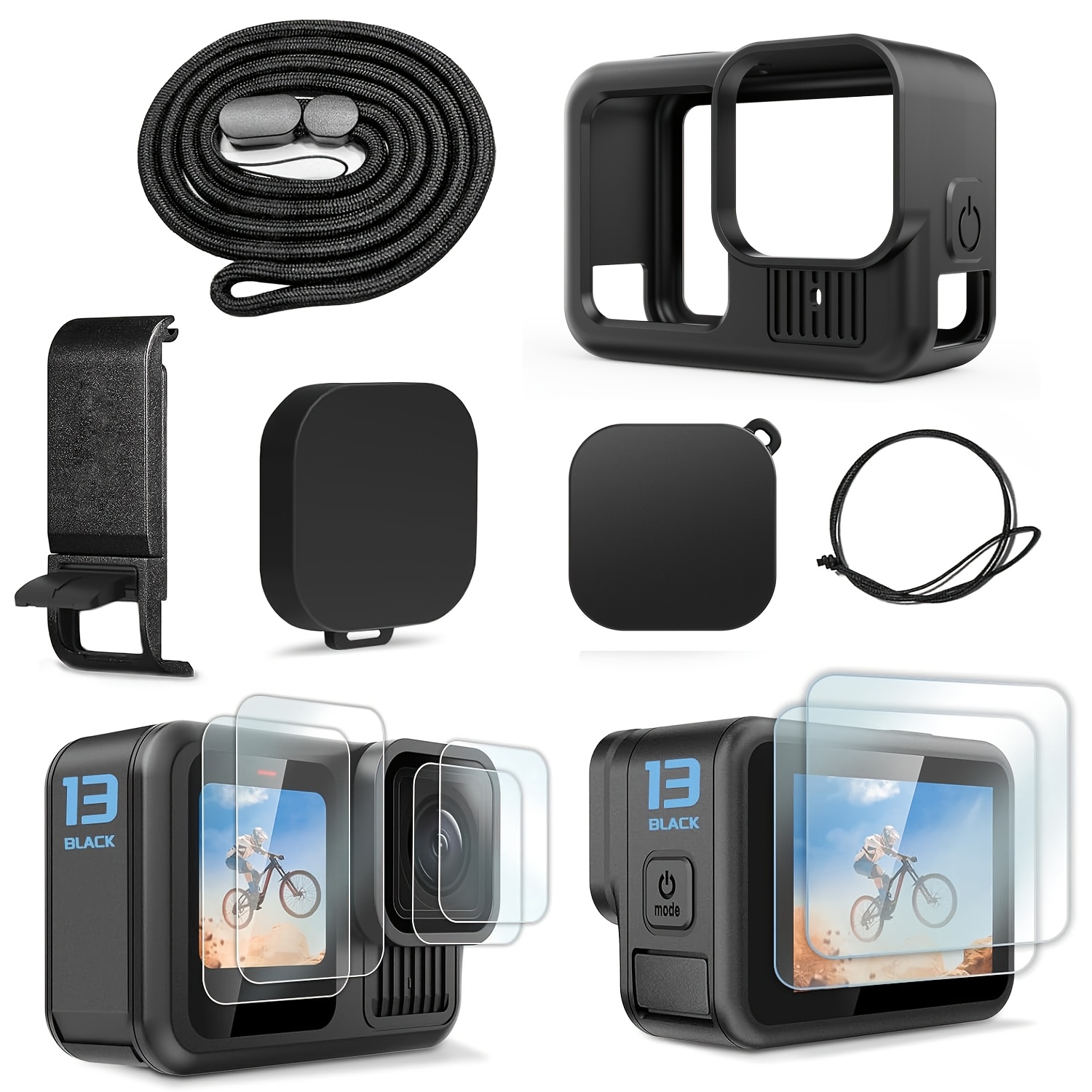 

1pc Amoui Silicone Protective Case For Gopro Hero 13 Black, Includes Battery Cover, Screen Protectors, Lens Caps, Lanyard, And Cleaning Wipes - Accessory Kit (camera Not Included)