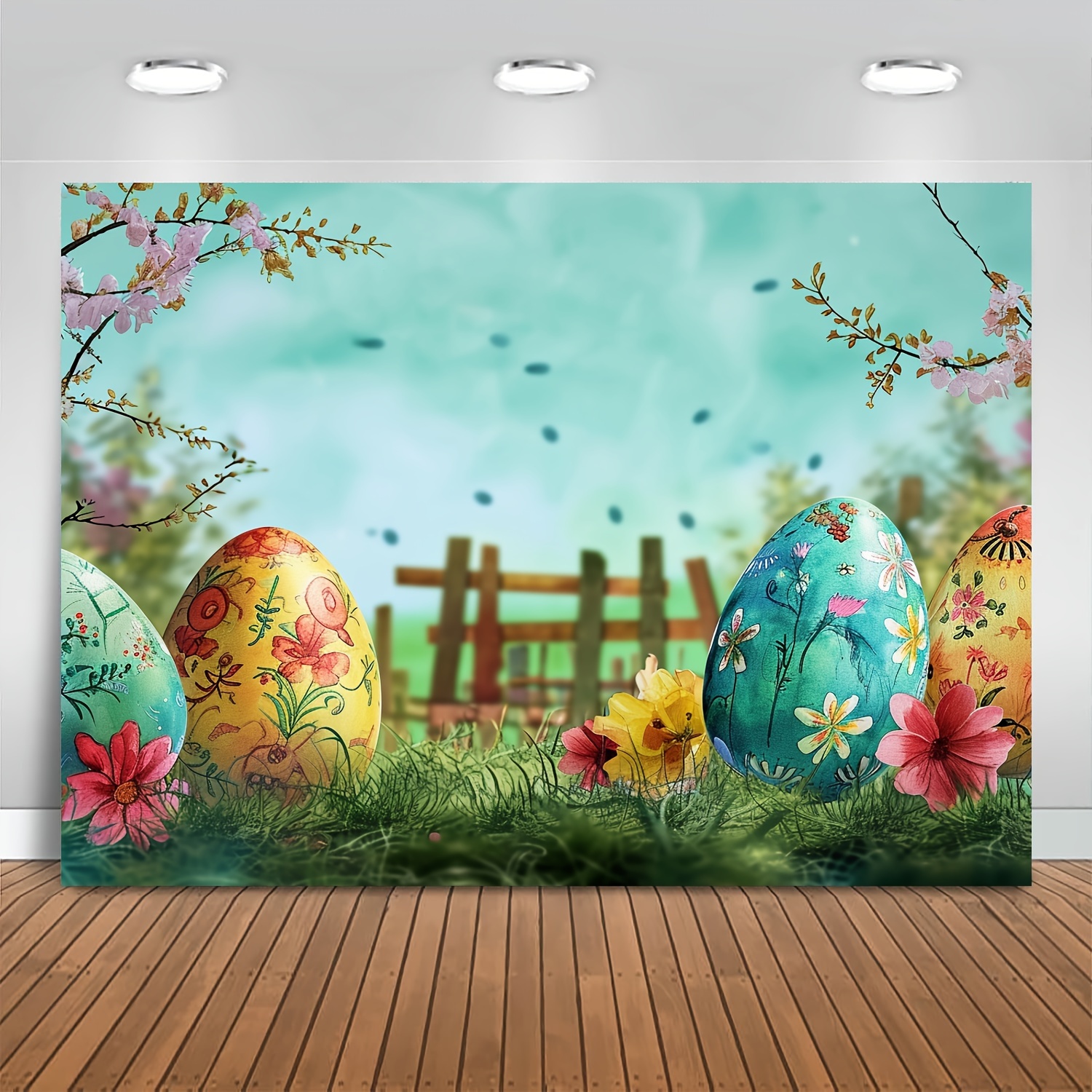 1pc easter egg hunt backdrop spring easter bunny rabbit floral fence grassland photography background baby shower birthday party decorations banner photoshoot studio props