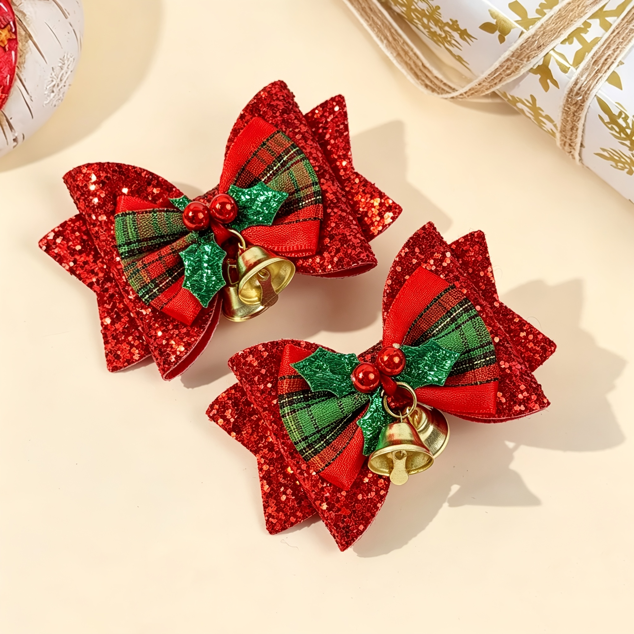 TEMU 2pcs Christmas Bow Hair Clips Women's Ponytail Christmas Bell Bow Clips Christmas Party Additions