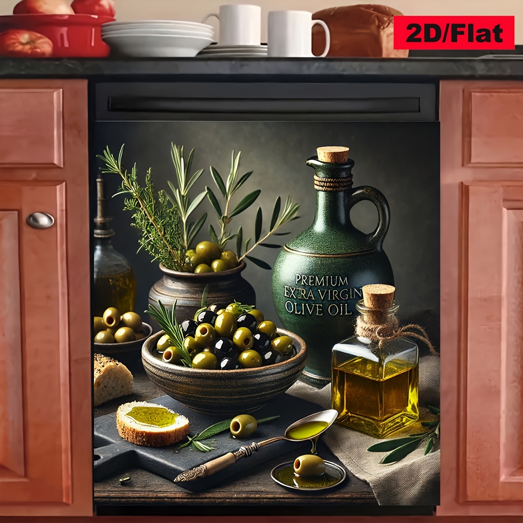 TEMU 2d Flat, 2d Flat Surface, 1pc 2d Magnetic Dishwasher Door Cover Sticker, Olive And Olive Oil, Spice Kitchen Pattern, Easy To Clean And Reusable,