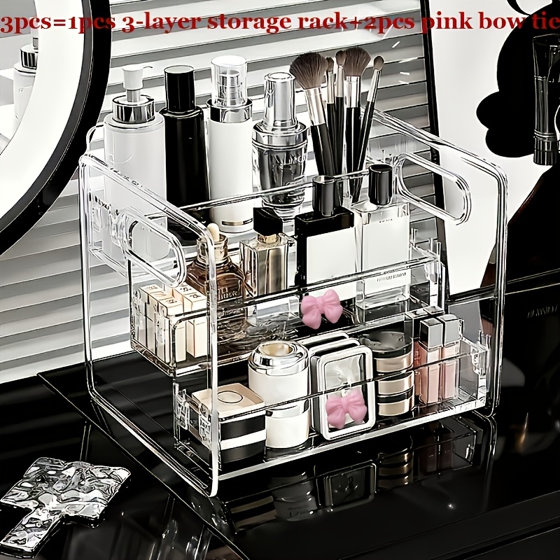 TEMU 3pcs Set (1pc 3-tier Cosmetic Organizer + 2pcs Bow-knot 3-tier Transparent Acrylic Cosmetic Storage Boxes). Large-capacity Cosmetic Display