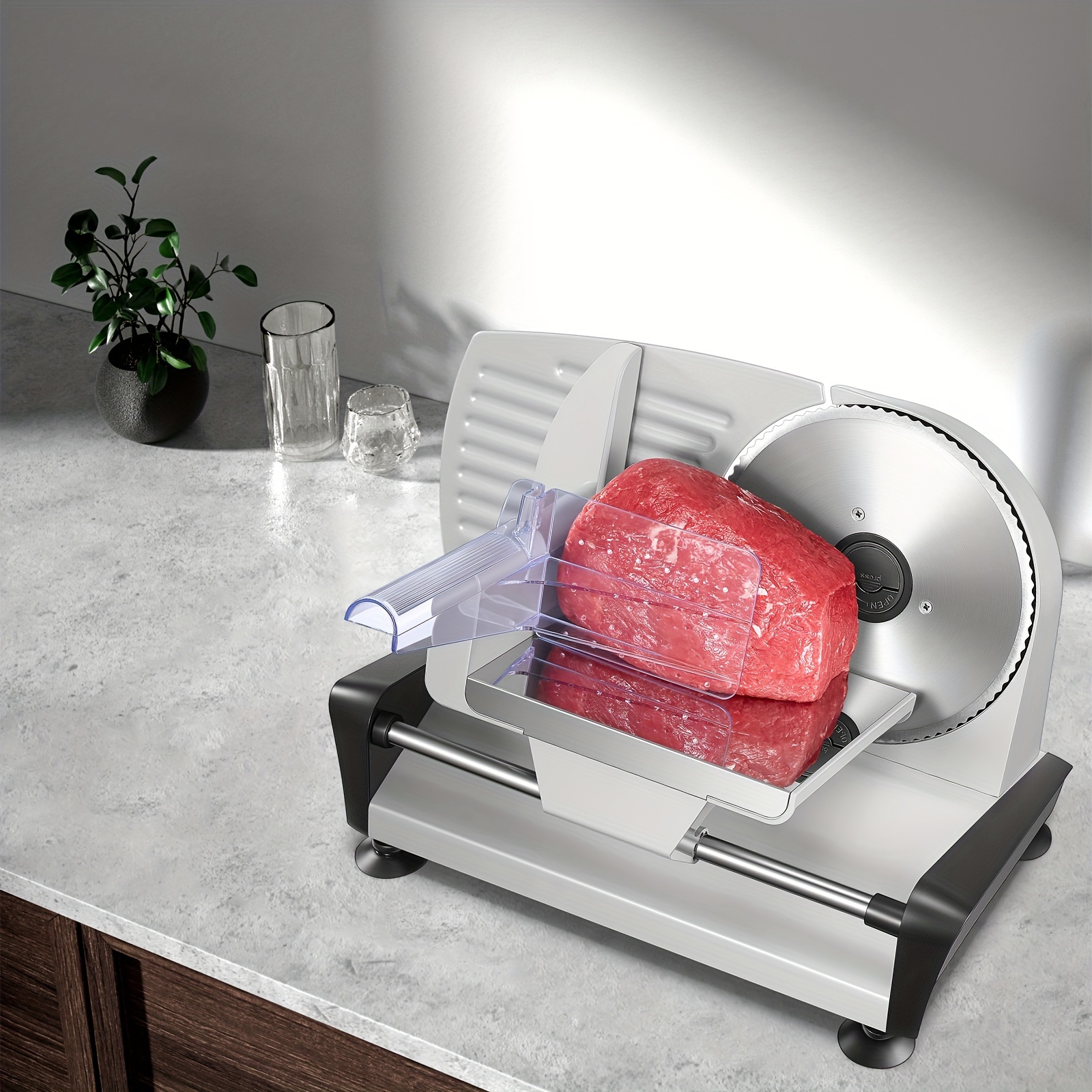 Image of Electric Slicer, Bread Slicer With Adjustable Cutting Thickness (0-15mm), 200w Sausage Slicer, 2 * 19cm Stainless Steel Round , Slicer, Safety Guard