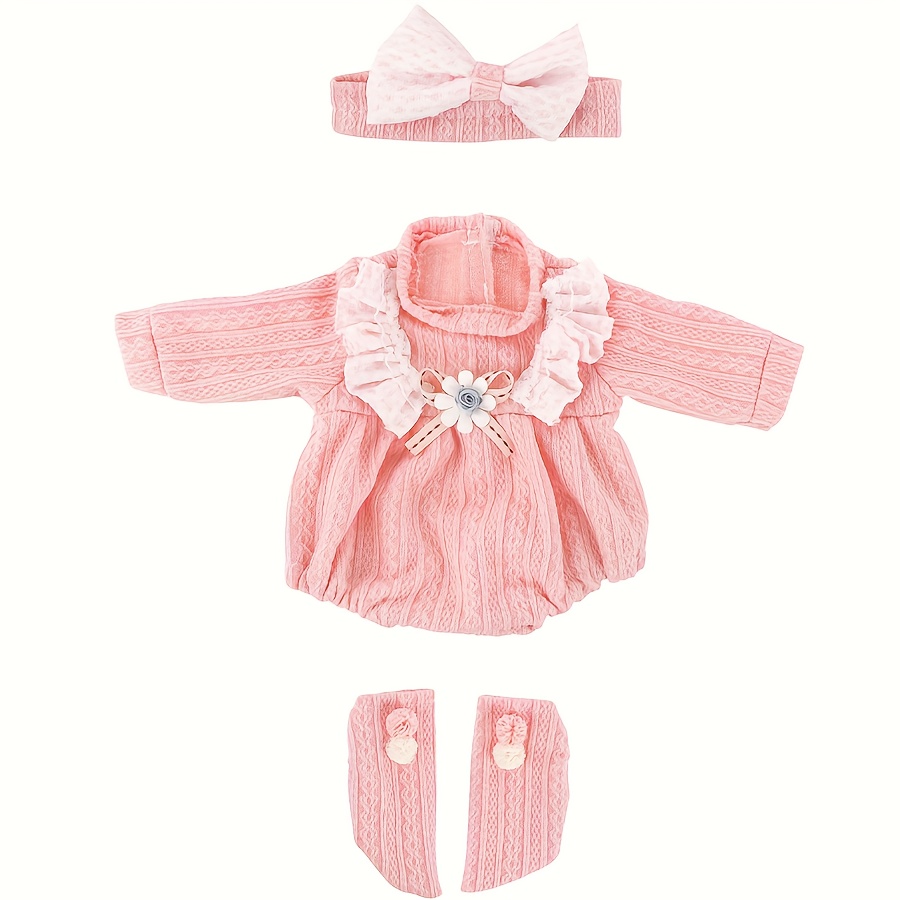 Image of Outfit For 17" Dolls - Elegant Dress With Floral Embellishments, Matching Bow & Socks, Holiday Gifts, Doll Clothes, Design, Soft Fabric