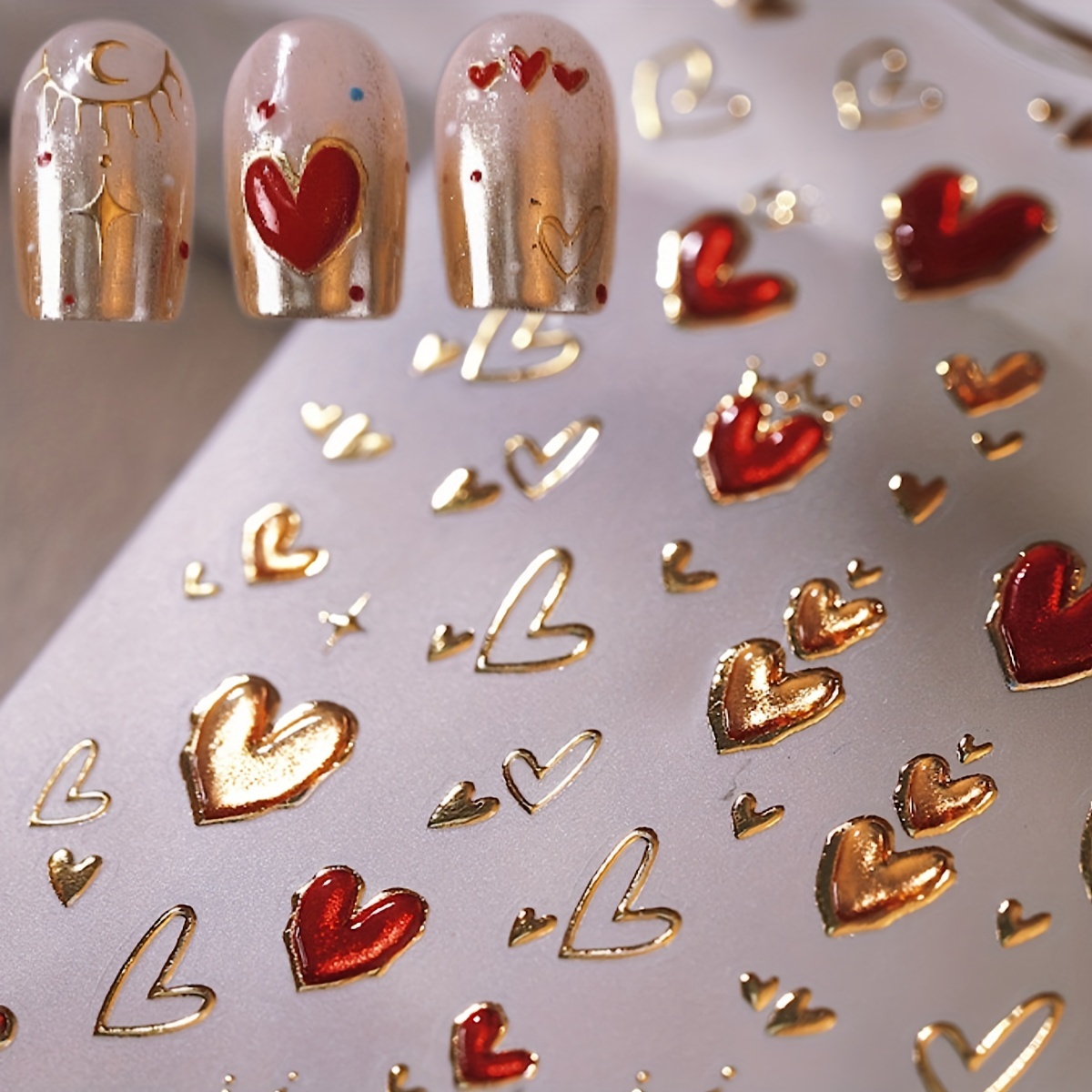 

Shimmery Red Heart & 3d Nail Art Stickers, Reusable Self-adhesive Decals, Fantasy-themed Glitter Embellishments, Shape, With Plastic Surface For , Unscented