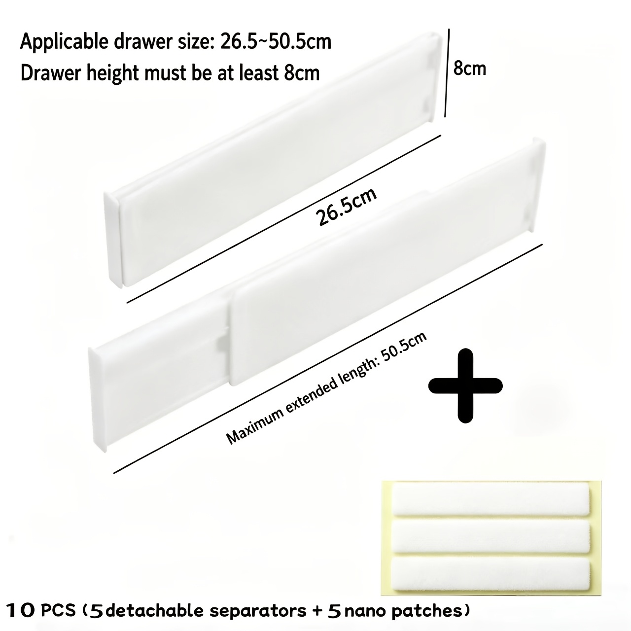 TEMU Juego de 10 piezas: 5 divisores desmontables + 5 juegos de almohadillas adhesivas nano. Divisores de cajón ajustables, organizador retráctil