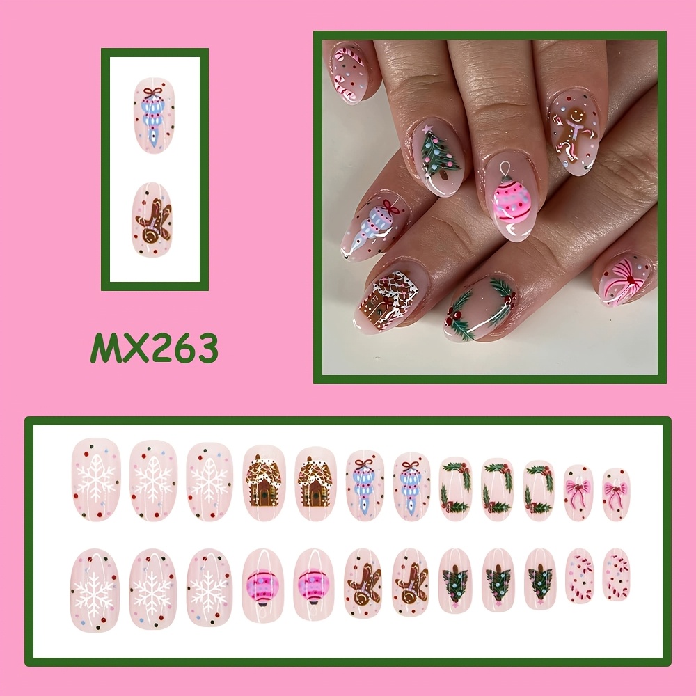 TEMU 24pcs Christmas Press On Nails Suitable For - Short Round False Nails With Gingerbread Men, Snowflakes, Holly & Bows, Glossy, Nude Base For Diy