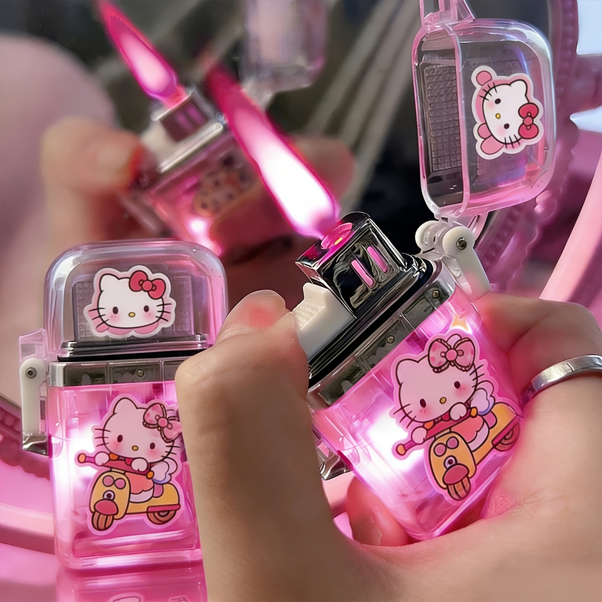 TEMU (butane Not Included) Hello Kitty And Kuromi Transparent Lighter, Cute White Cartoon Design With Led Light, Windproof Lighter, Lighter, Creative