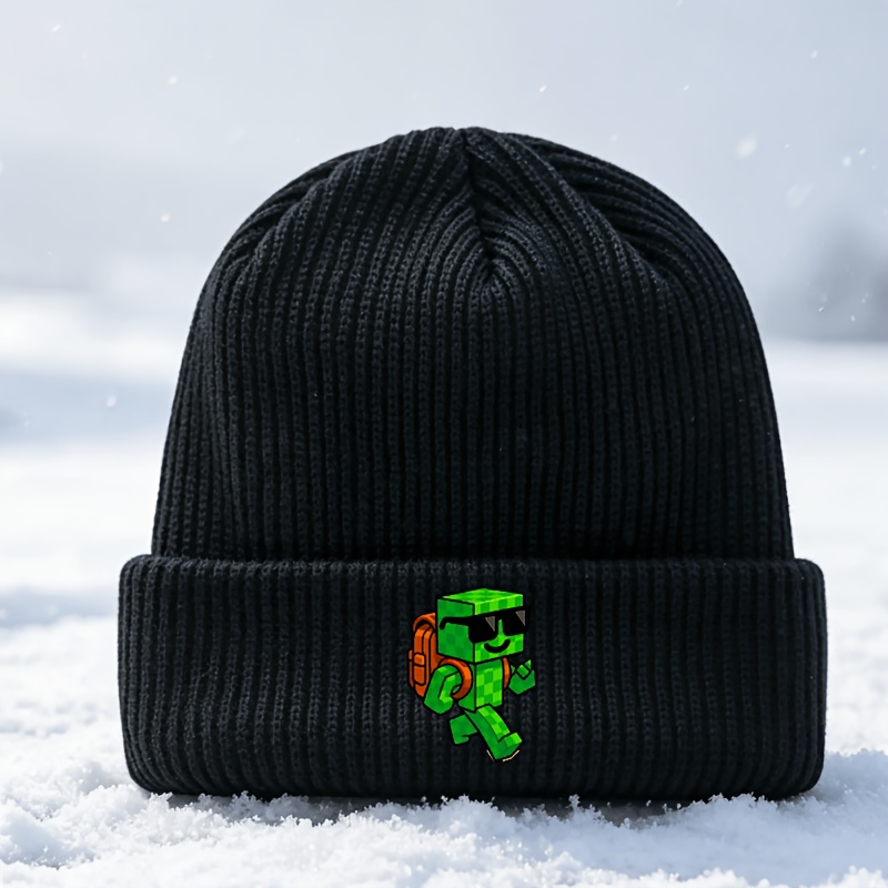 TEMU 1pc Bonnet tricoté avec motif figurine bloc pixel à lunettes de soleil stylé, Chapeau d'hiver chaud et coupe-vent, Bonnet tricoté doux et