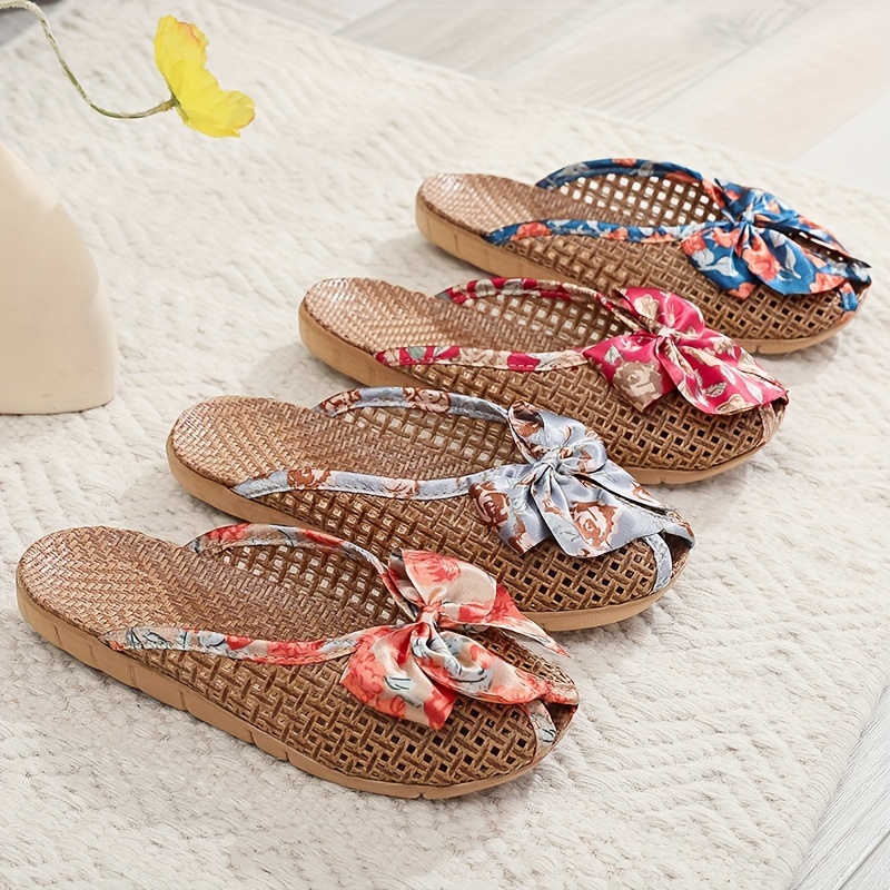 

Summer Breathable Floral Print Flip Flops, Lightweight Soft & Linen Sole Bedroom Slippers, Breathable Non-slip Floor Slippers