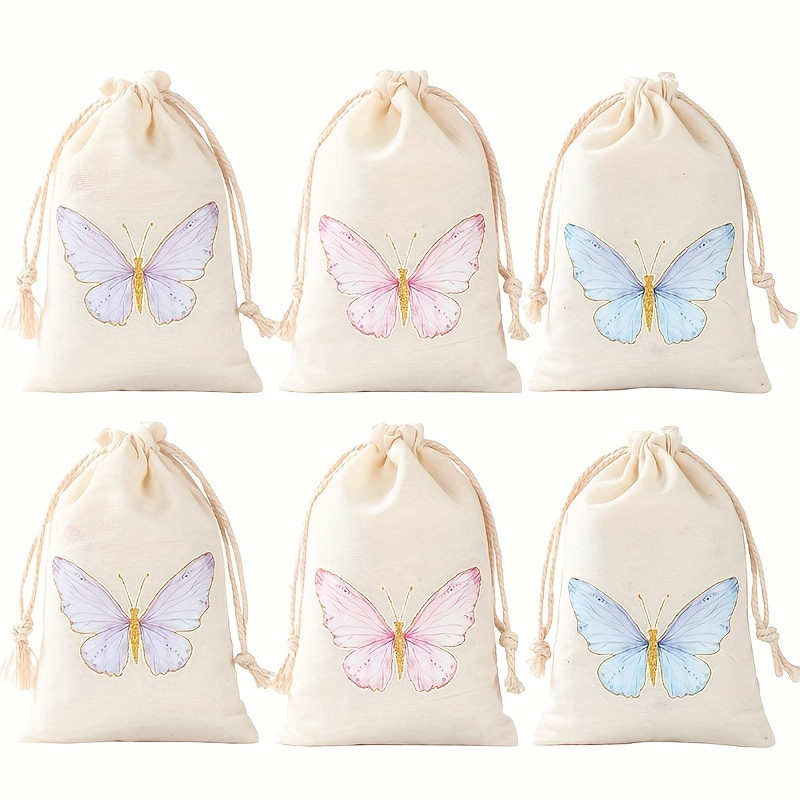 

6pcs Butterfly Cotton Gift Bags With Drawstring, Candy Snack Party Favor Bags For Wedding, Baby Shower, Bridal Shower, Birthday, Anniversary.