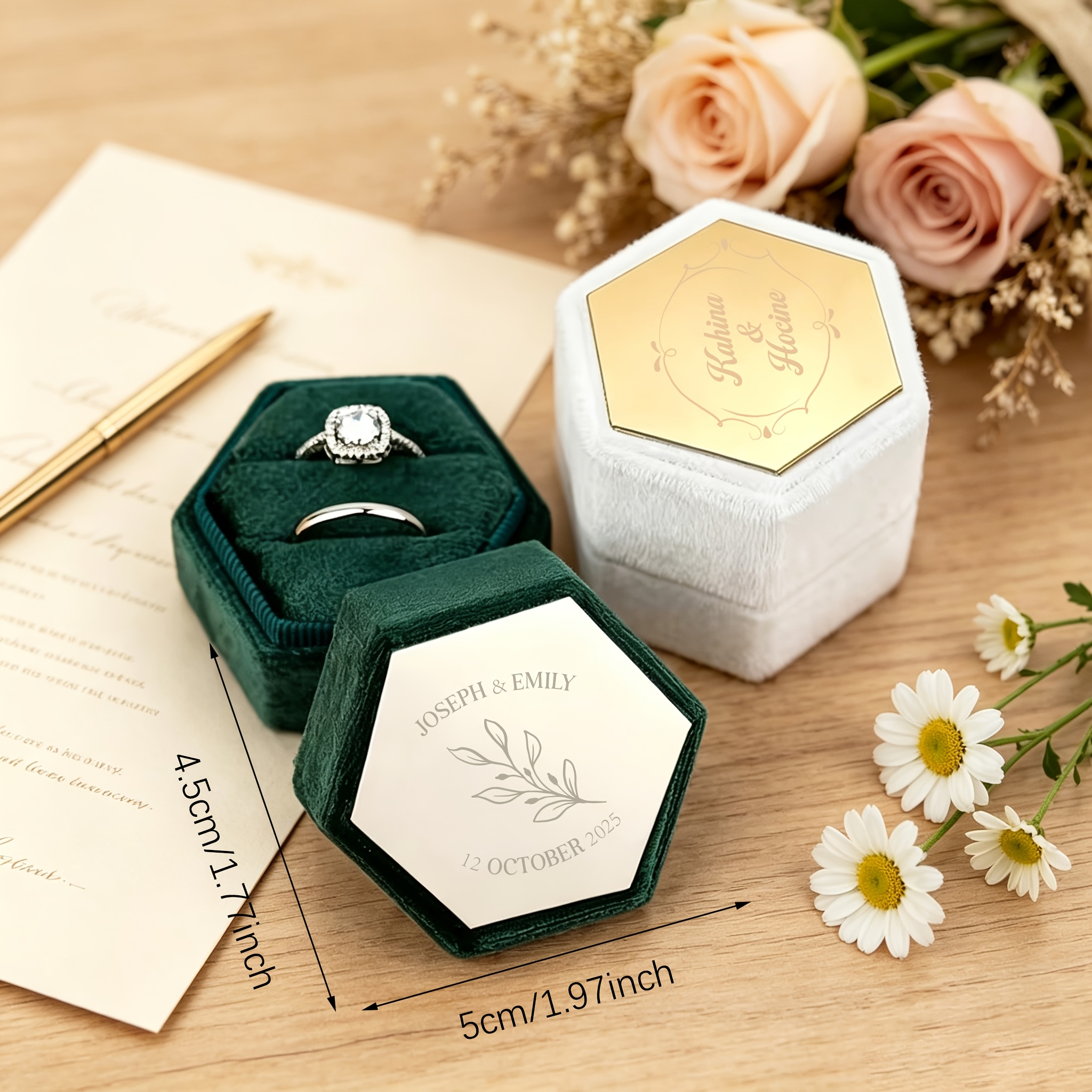 Personalized Hexagonal Velvet Ring Box, Custom Name and Date