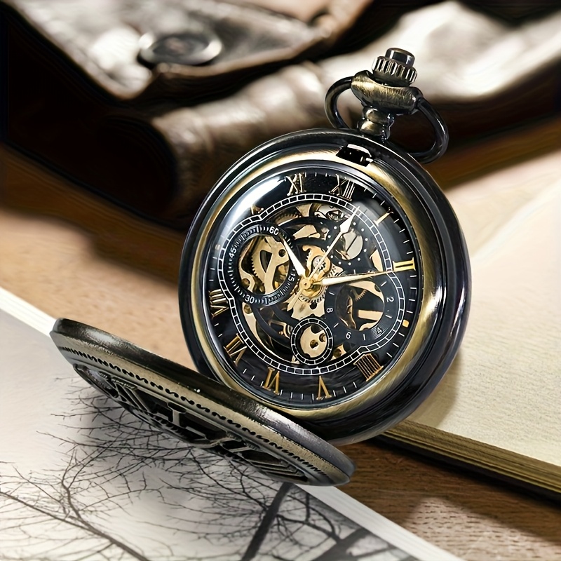1pc Double-opening Mechanical Pocket Watch, Front With Gear Pattern, Back With Shield Pattern, Black And Golden Skeleton Dial, Golden And White Hands. This Pocket Watch Makes An Gift