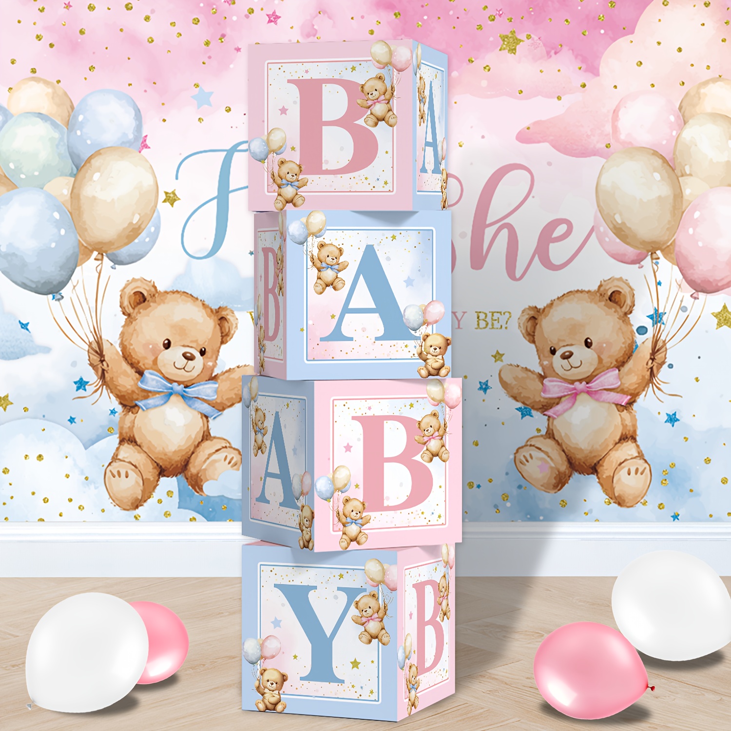 E-shop 4 Stück Teddybär-Geschlechtsenthüllungsbox – Jungen- oder Mädchen-Party-Dekoration mit Klappdeckel, Kartonschachtel geeignet für Baby-Shower,