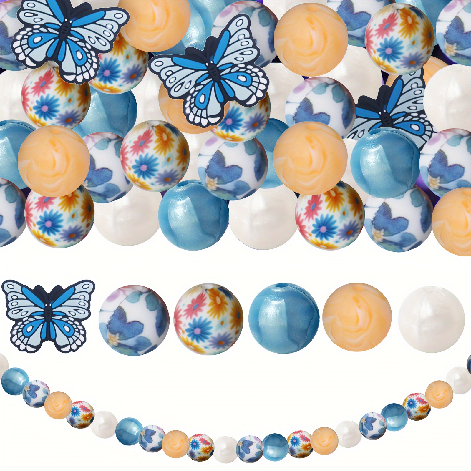 

43 Pcs Blue Butterfly & Floral Beads - Silicone Round Beads For Diy Jewelry, Keychains, And Home Decor