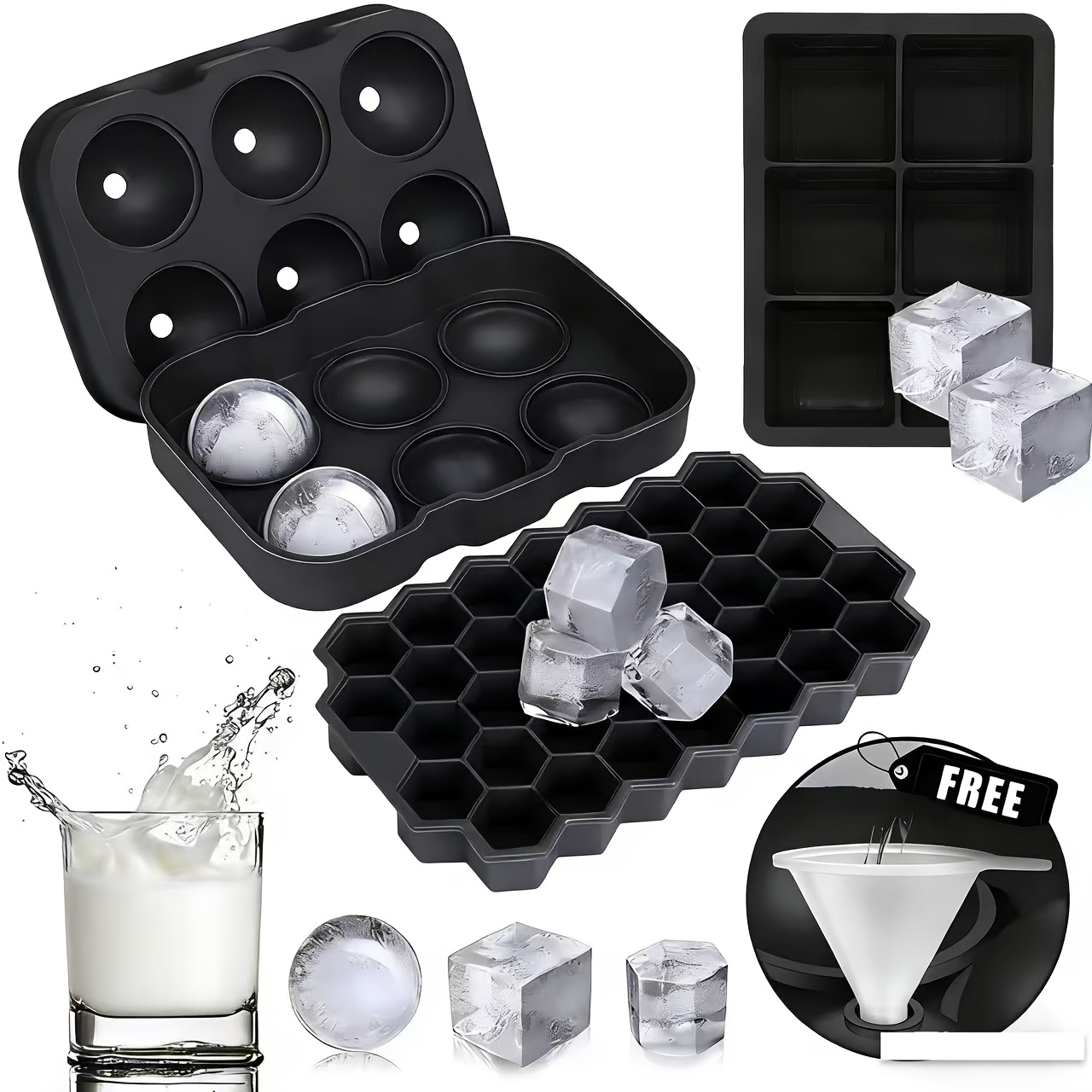 Image of 3 Silicone Large Square Cube Of Ice Trays With Removable Lids + + 37- Cube Of Ice Mold With Funnel