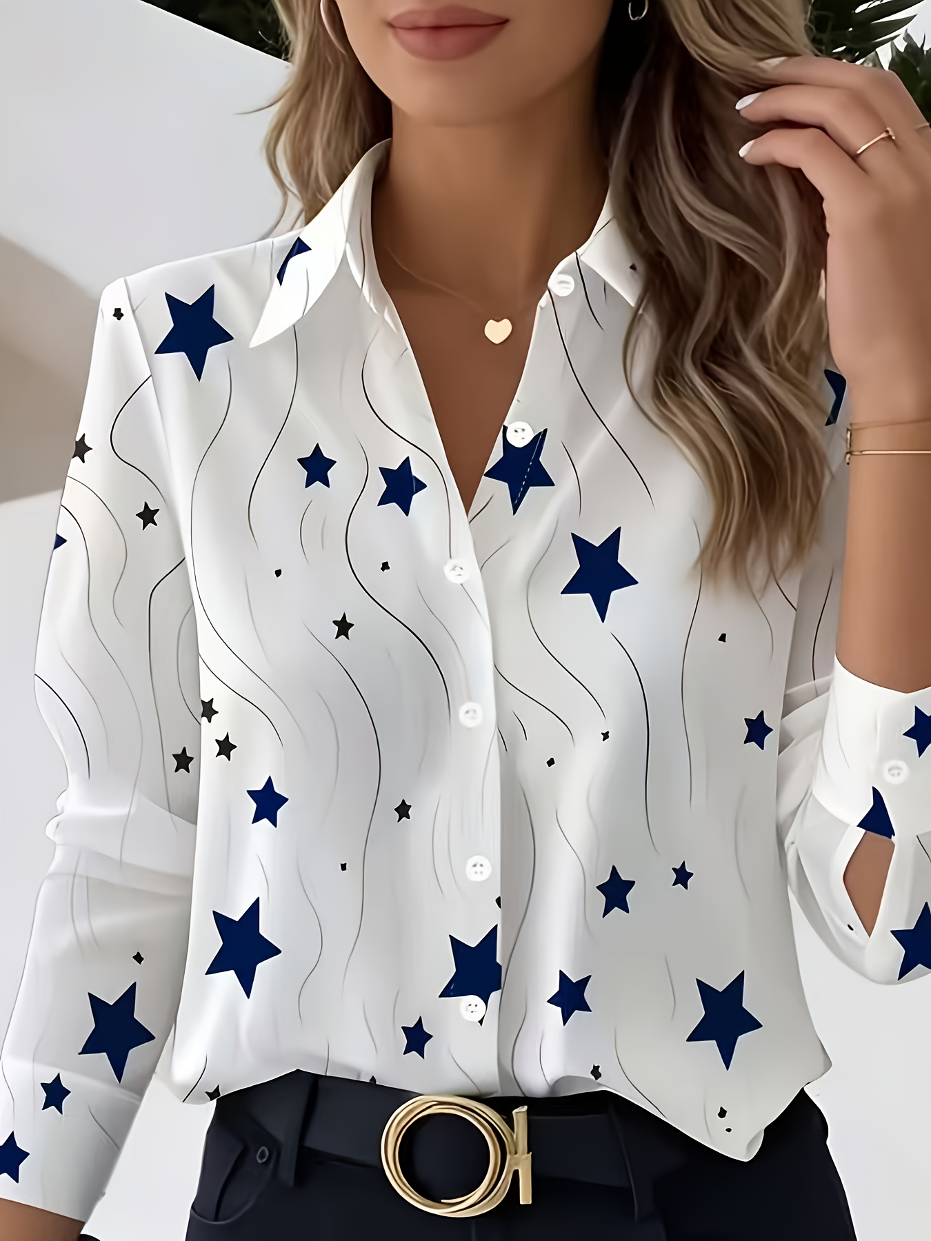TD0102001 Blusa Elegante para Mujer con Estampado de Estrella de Cinco Puntas, Camisa de Manga Larga, Top Profesional