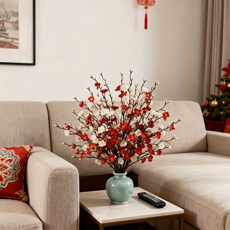 60 Flores de Ciruelo Artificiales en Rojo y Blanco, Empaquetadas en Sets de 6, Ideales para Decoración del Hogar, Salas de Estar, Oficinas, Bordes de Ventanas, Jardines, Arreglos Florales de Hotel, Centros de Mesa de Boda, Manualidades para Fiestas de Compromiso, Regalos de Cumpleaños