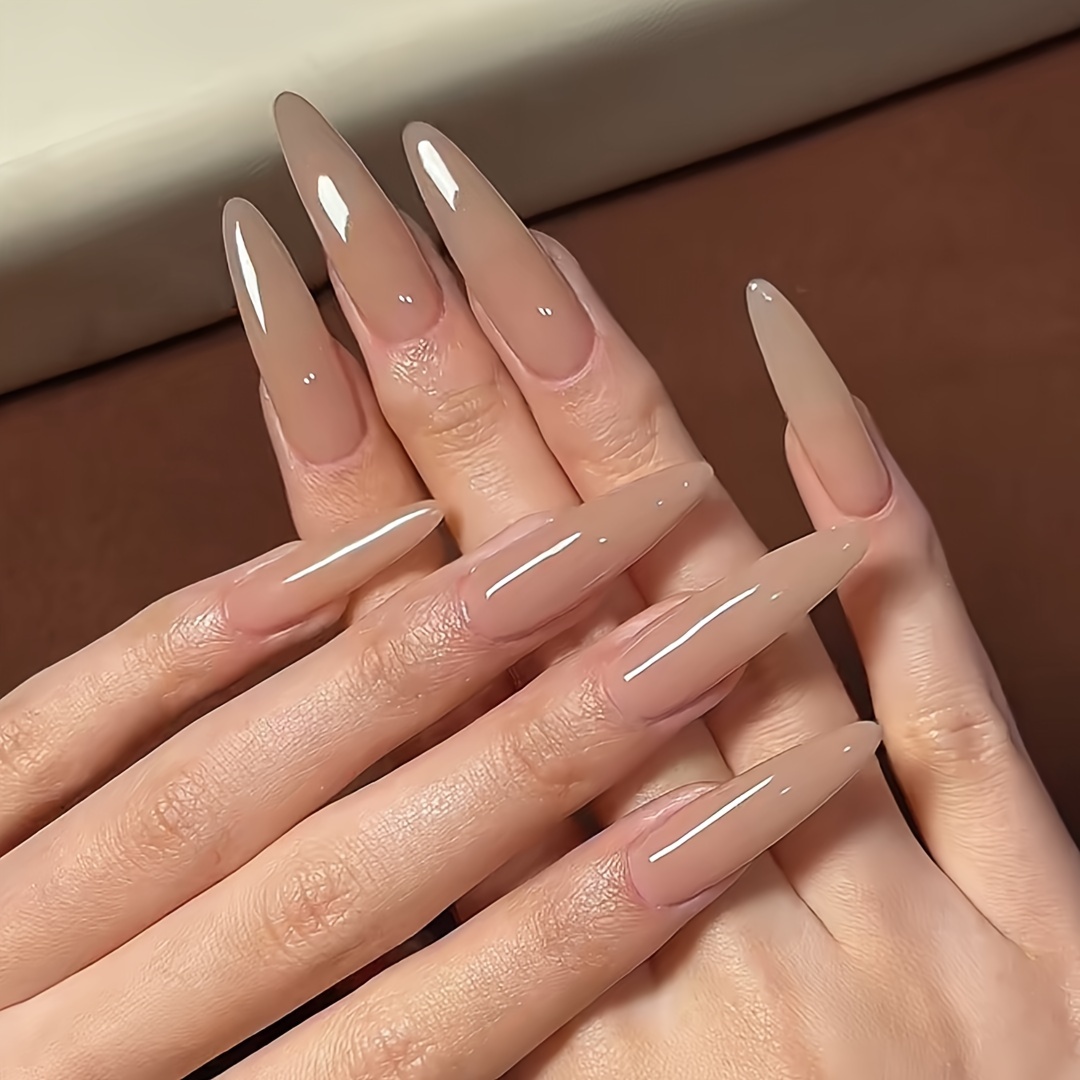 

24pcs Long Stiletto Nude Nail Tips, Elegant Color Fake Nails Press-ons, Natural Looking Full Cover Artificial Nails For Office Wear