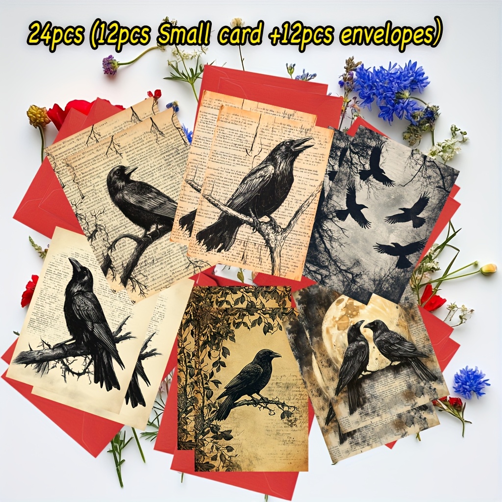 TEMU 24 cartes de vœux mystérieuses avec corbeaux - 12 cartes vierges + 12 enveloppes, et amusant, idéal pour les anniversaires, les remerciements et