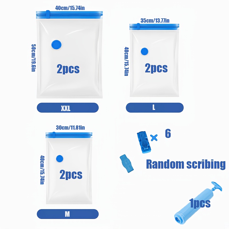 TEMU 13pcs Vacuum Compression Storage Bag Set, 2pcs M Size And 2pcs L Size And 2pcs Xxl Size, With 6pcs And 1pc Manual Pump, Suitable For Seasonal