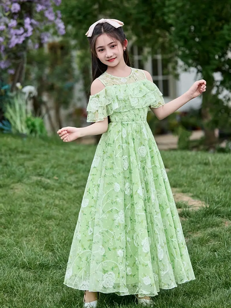 girls floral maxi dress summer shoulder green long dress - Temu Pakistan girls floral maxi dress summer shoulder green long dress - Temu Pakistan