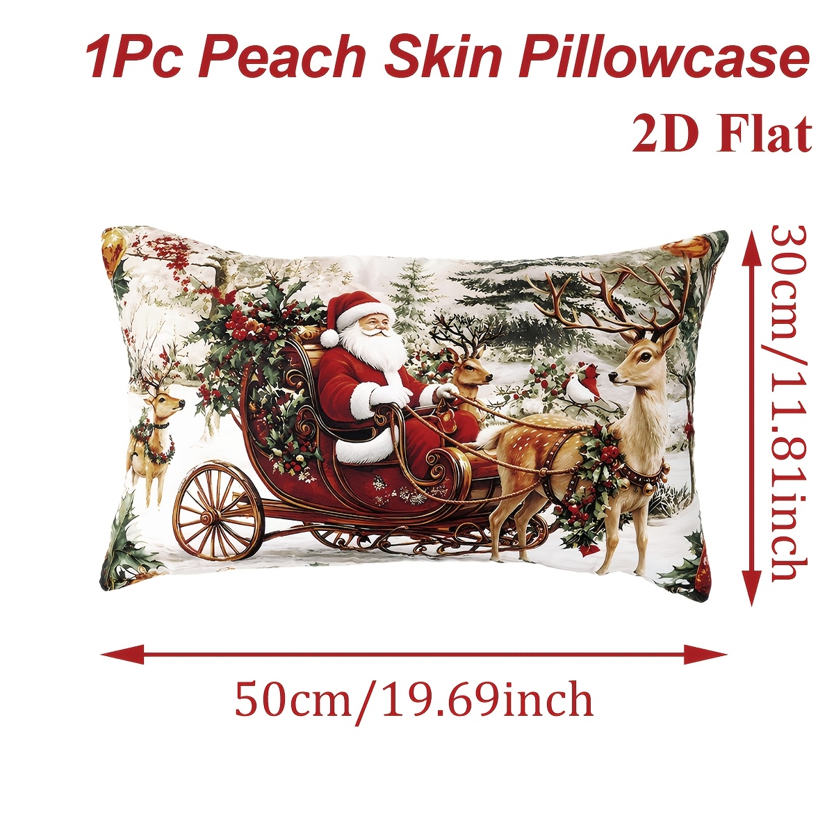 TEMU 2d Flat, 1pc, Christmas Pillow Covers, Santa Claus, Sleigh, Reindeer And Red Berries Patterns Pillowcases, Cushion Case For Couch, Perfect For