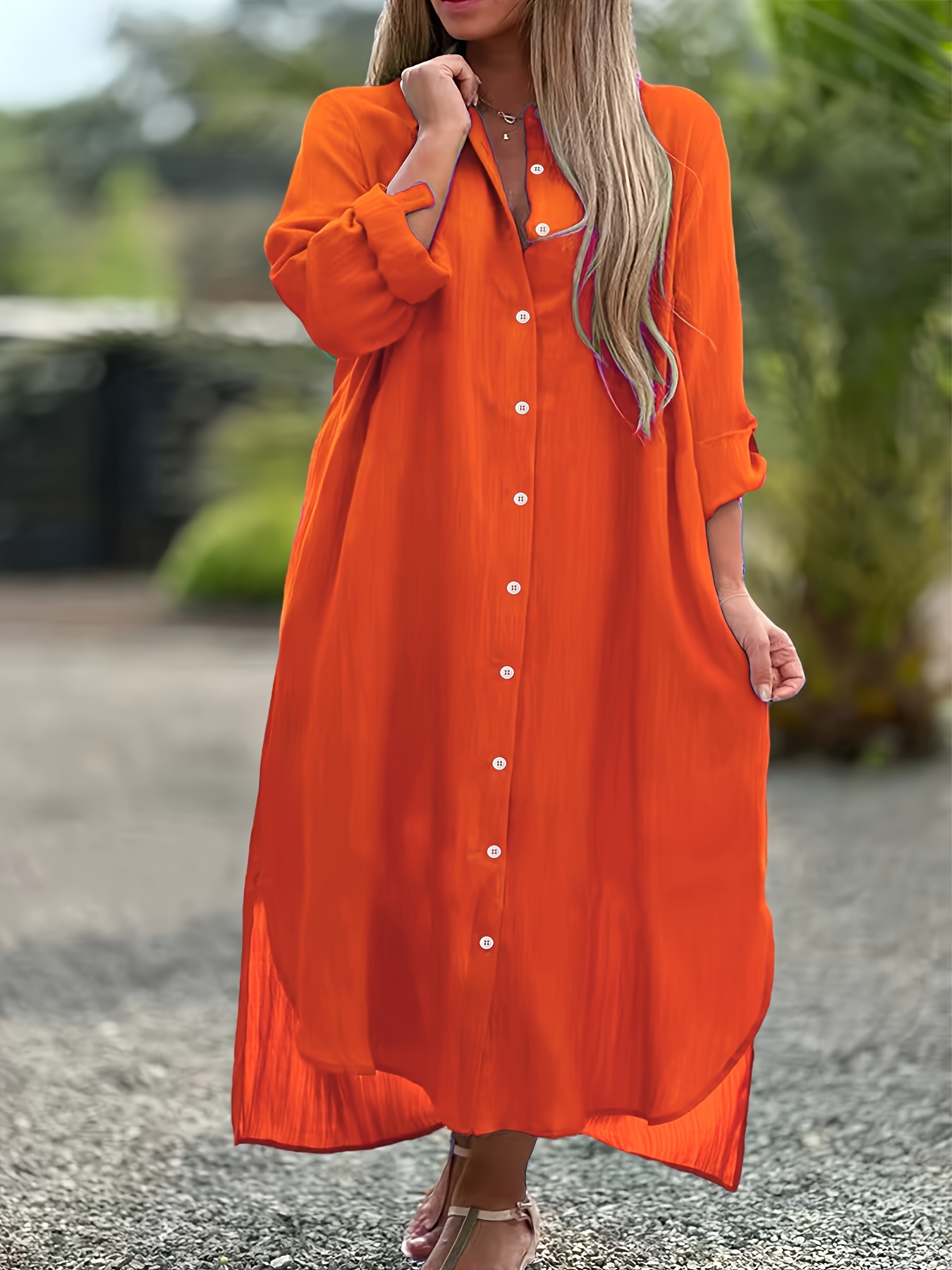 Plus Size Solid Button Front Shirt Dress, Casual Roll Up Sleeve  Asymmetrical Hem Longline Dress For Spring Fall, Women's Plus Size  Clothing - Main Image