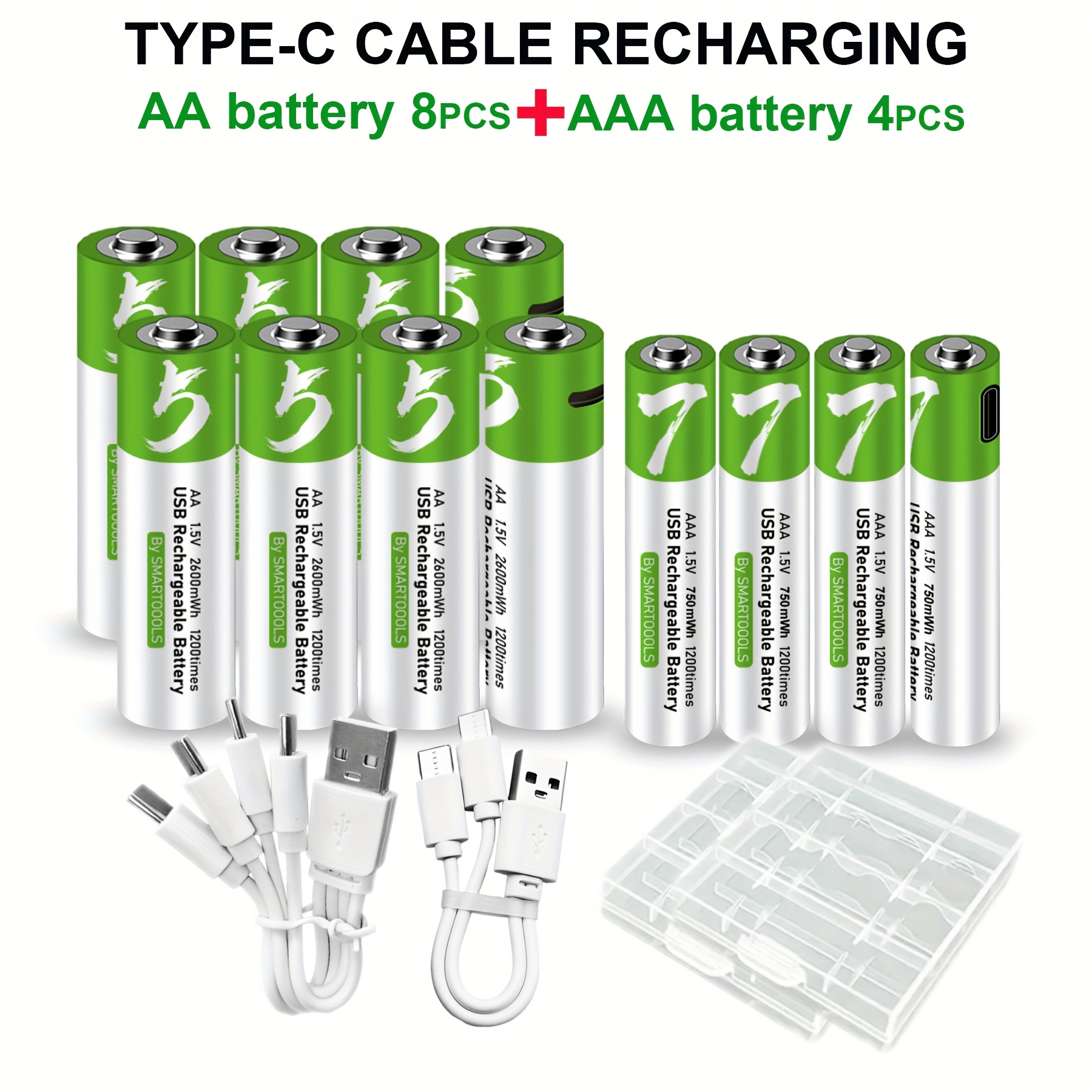 TEMU 8pcs Aa + 4pcs Aaa Battery Aa+aaa Batteries Set, Usb/type- Aaa Rechargeable Lithium , High Capacity 1.5v 1733mah 2600mwh + 500mah 750mwh