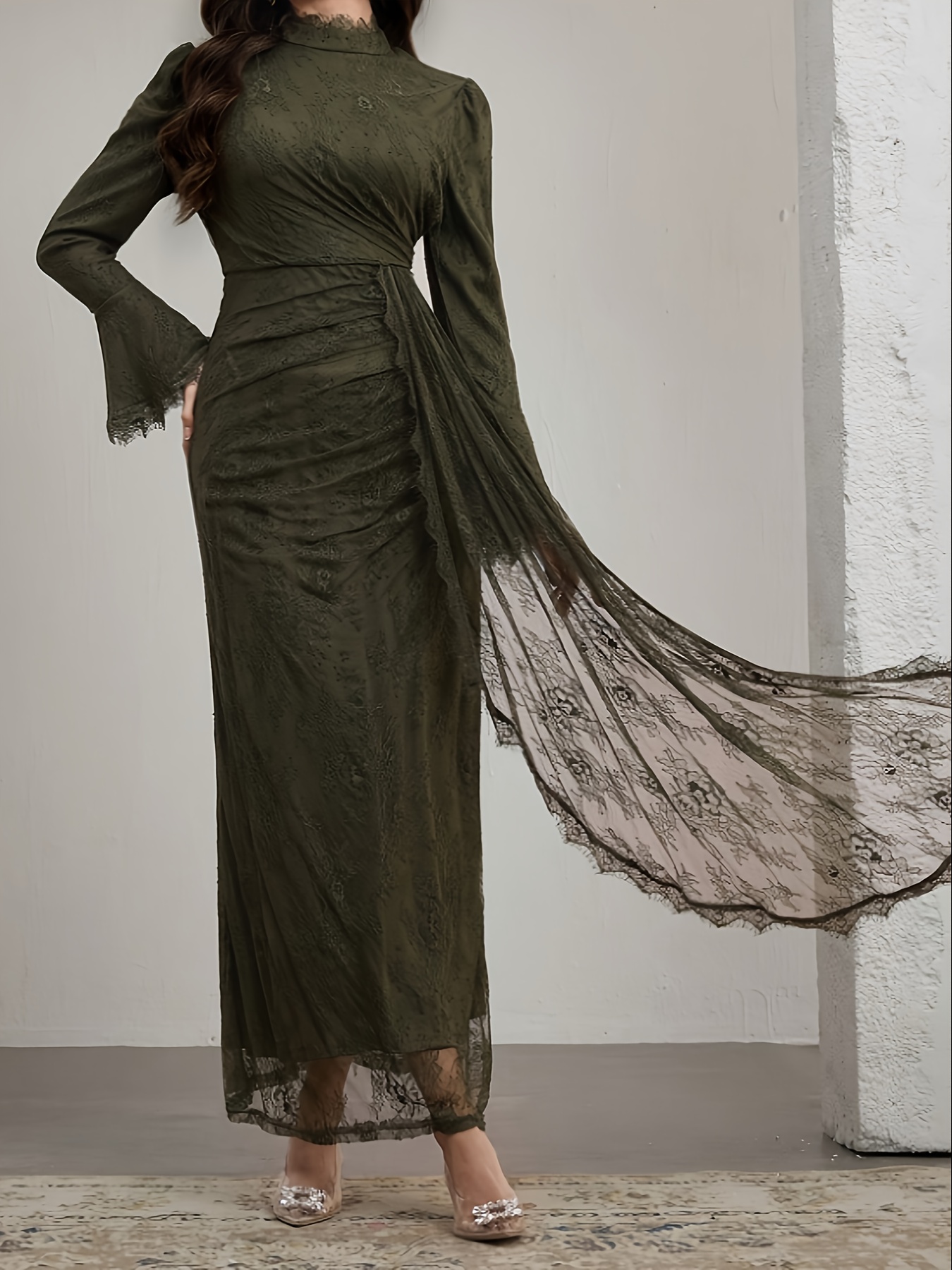 elegant long sleeve lace dress with ruffle neckline and belted waist stand collar long length suitable for     Product details 16